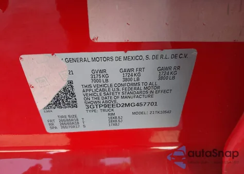 2021 GMC Sierra 1500 4Wd Short Box At4 from USA, damaged, VIN 3GTP9EED2MG457701